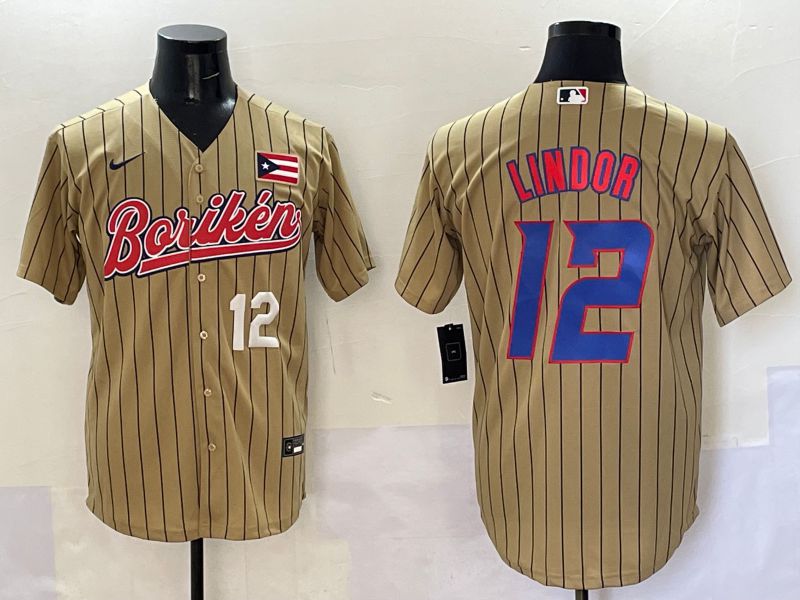 Men Puerto Rico 12 Lindor Brown Stripe Joint Name 2025 Nike MLB Jersey style 2